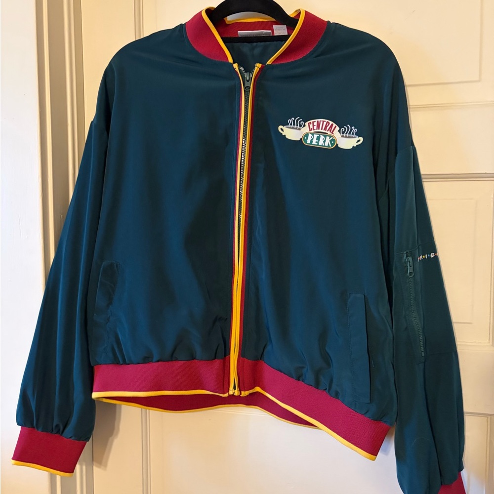 FRIENDS Teal Bomber Jacket with Red and Yellow Trim